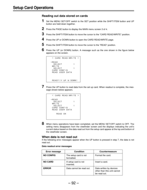 Page 92–92–
Setup Card Operations
Reading out data stored on cards
1Set the MENU SET/OFF switch to the SET position while the SHIFT/ITEM button and UP
button are held down together.
2Press the PAGE button to display the MAIN menu screen 3 of 4.
3Press the SHIFT/ITEM button to move the cursor to the “CARD READ/WRITE” position.
4Press the UP or DOWN button to open the CARD READ/WRITE page.
5Press the SHIFT/ITEM button to move the cursor to the “READ” position.
6Press the UP (or DOWN) button. A message such as the...