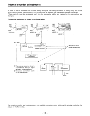 Page 18Internal encoder adjustments
In order to ensure error-free and accurate editing during AB roll editing (a method of editing using two source
VTRs) using an editor, the ENCODER OUT controls must be adjusted after the system has been connected.
(These controls must be re-adjusted each time the connecting cables are replaced or the connections are
changed.)
Connect the equipment as shown in the figure below.
If a waveform monitor and vectorscope are not available, correct any color shifting while actually...