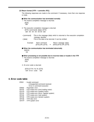 Page 61(3) Return format [VTR  controller (PC)]
The following responses are made to the command. If necessary, more than one response
is made.
 When the communication has terminated normally
1. The receive completion message is returned.
[ACK]
06h
2. The execution completion message is returned.
[STX] [command] [data] [ETX]
02h XX XX XX XX-XX 03h
[command] :This is the message (data) which is returned or the execution completion
message identifier.
[data] :This is the data to be returned. It can be omitted....