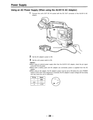 Page 28Power Supply
Using an AC Power Supply (When using the AU-B110 AC Adaptor)
1Connect the unit’s EXT DC IN socket with the DC OUT connector of the AU-B110 AC
adaptor.
DC IN Connector
2Set the AC adaptor’s power to ON.
3Set the unit’s power switch to ON.

When using an external power supply other than the AU-B110 AC adaptor, check the pin signal
of the EXT DC IN socket.
When both a battery pack and AC adaptor are connected, power is supplied from the AC
adaptor.
When using an AC adaptor, the AC adaptor’s...