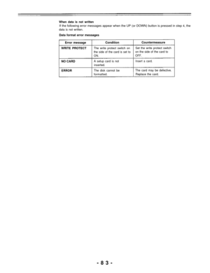Page 83When data is not written
If the following error messages appear when the UP (or DOWN) button is pressed in step 4, the
data is not written.
Data format error messages
Error message
WRITE PROTECT
NO CARD
ERROR
ConditionCountermeasure
The write protect switch onSet the write protect switch
the side of the card is set toon the side of the card to
ON.OFF.
A setup card is notInsert a card.
inserted.
The disk cannot beThe card may be defective.
formatted.Replace the card.
-83- 