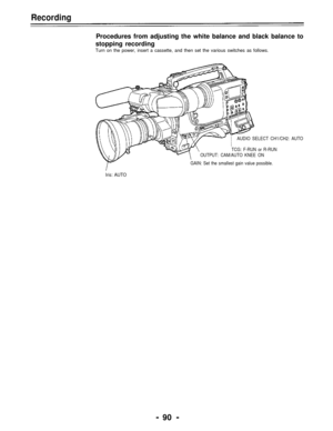 Page 90Recording
Procedures from adjusting the white balance and black balance to
stopping recording
Turn on the power, insert a cassette, and then set the various switches as follows.
AUDIO SELECT CH1/CH2: AUTO
TCG: F-RUN or R-RUN
OUTPUT: CAM/AUTO KNEE ON
GAIN: Set the smallest gain value possible.
Iris: AUTO
- 90 - 