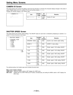 Page 104Setting Menu Screens
CAMERA ID Screen
This page performs the camera ID settings. Each time the UP button is pressed, the character display changes in the orde\
r ofspace, English letters (A to Z), numbers (0 to 9) and symbols [space, >, 