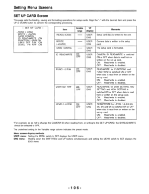 Page 106Setting Menu Screens
SET UP CARD Screen
This page sets the loading, saving and formatting operations for setup cards. Align the “–” with the desired item and press the
UP or DOWN button to perform the corresponding processing.
– SET UP CARD –
READ ( CAM)
WRITE ( CARD)
CARD CONFIG.
ID READ/WRITE :ON
FUNCTION1~2R/W:ON
L/M/H SET R/W :ON
LEVEL 1~6 R/W :ONItem
READ( CAM)
WRITE
( CARD)
CARD CONFIG.
ID READ/WRITE
FUNC1~2 R/W
L/M/H SET R/W
LEVEL1~6 R/W
Variable
range
ON
OFF
VF
display
USER
ENG
USER
ENG
USER
ENG...