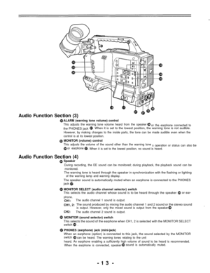 Page 13Audio Function Section (3)
ALARM (warning tone volume) control
This adjusts the warning tone volume heard from the speakeror the earphone connected to
the PHONES jackWhen it is set to the lowest position, the warning tone is not audible.
However, by making changes to the inside parts, the tone can be made audible even when the
control is at its lowest position.
MONITOR (volume) control
This adjusts the volume of the sound other than the warning tone —the sound from the speaker
or earphone . When it is...