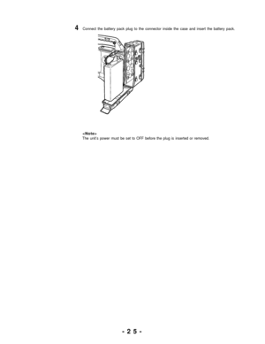 Page 254Connect the battery pack plug to the connector inside the case and insert the battery pack.

The unit’s power must be set to OFF before the plug is inserted or removed.
-25- 