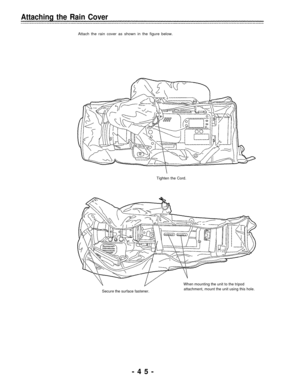 Page 45Attaching the Rain Cover
Attach the rain cover as shown in the figure below.
Tighten the Cord.
Secure the surface fastener.When mounting the unit to the tripod
attachment, mount the unit using this hole.
-45- 