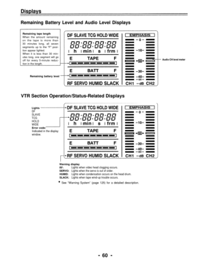 Page 60Displays
Remaining Battery Level and Audio Level Displays
Remaining tape length
When the amount remaining
on the tape is more than
30 minutes long, all seven
segments up to the F posi-
tion appear lighted.When it is less than 30 min-
utes long, one segment will gooff for every 5-minute reduc-
tion in the length.
Remaining battery level
VTR Section Operation/Status-Related Displays
Lights
DF
SLAVE
TCG
HOLD
WIDE
Error code:Indicated in the display
window.
Warning display
RF:Lights when video head clogging...