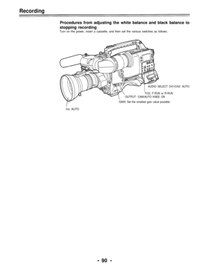 Page 90Recording
Procedures from adjusting the white balance and black balance to
stopping recording
Turn on the power, insert a cassette, and then set the various switches as follows.
AUDIO SELECT CH1/CH2: AUTO
TCG: F-RUN or R-RUN
OUTPUT: CAM/AUTO KNEE ON
GAIN: Set the smallest gain value possible.
Iris: AUTO
- 90 - 
