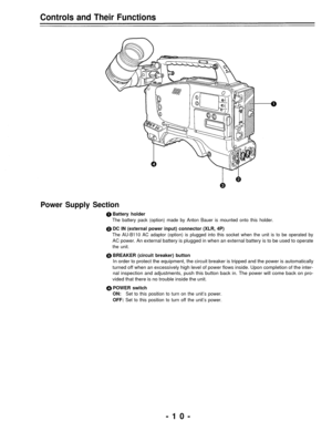 Page 10Controls and Their Functions
Power Supply Section
Battery holder
The battery pack (option) made by Anton Bauer is mounted onto this holder.
DC IN (external power input) connector (XLR, 4P)
The AU-B110 AC adaptor (option) is plugged into this socket when the unit is to be operated by
AC power. An external battery is plugged in when an external battery is to be used to operate
the unit.
BREAKER (circuit breaker) button
In order to protect the equipment, the circuit breaker is tripped and the power is...