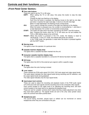 Page 12Controls and their functions (continued)

Time code buttons
These are used to set the TC or UB value.
SHIFT:When setting the TC or UB value, first press this button to stop the data
running.
Change the digit now flashing on the display.
Each time the button is pressed, the flashing moves to the right by one digit,
and when it reaches the right-most digit, it returns to the left-most digit.
When it is kept depressed, the flashing moves consecutively.
ADJ:This is used to change the numeral of the digit now...