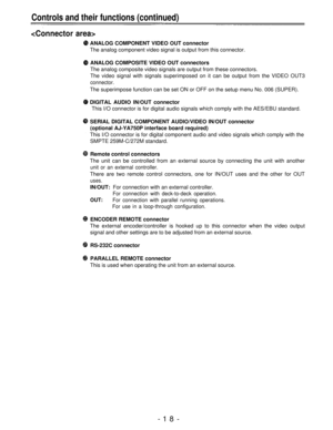 Page 18Controls and their functions (continued)

ANALOG COMPONENT VIDEO OUT connector
The analog component video signal is output from this connector.
ANALOG COMPOSITE VIDEO OUT connectors
The analog composite video signals are output from these connectors.
The video signal with signals superimposed on it can be output from the VIDEO OUT3
connector.
The superimpose function can be set ON or OFF on the setup menu No. 006 (SUPER).
DIGITAL AUDIO IN/OUT connector
This I/O connector is for digital audio signals...