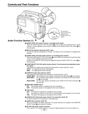 Page 12–12–
Controls and Their Functions
Audio Function Section (1)
rAUDIO LEVEL CH1 (audio channel 1 recording level) control
When the AUDIO SELECT CH1/CH2 switch u is set to MAN, the recording level of audio
channel 1 can be adjusted by this control in addition to the AUDIO LEVEL CH1 control t on
the side panel.
sMIC IN (microphone input) jack (XLR, 3-pin)
Connect an optional microphone to this jack. The power for the microphone is supplied from
this jack.
tAUDIO LEVEL CH1/CH2 (audio channel 1/2 recording...