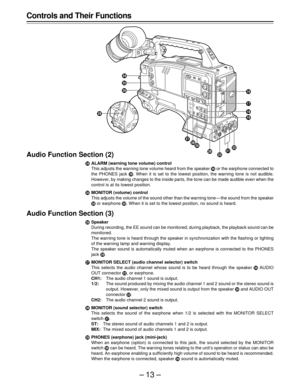 Page 13–13–
Audio Function Section (2)
|ALARM (warning tone volume) control
This adjusts the warning tone volume heard from the speaker ~ or the earphone connected to
the PHONES jack ¡. When it is set to the lowest position, the warning tone is not audible.
However, by making changes to the inside parts, the tone can be made audible even when the
control is at its lowest position.
}MONITOR (volume) control
This adjusts the volume of the sound other than the warning tone — the sound from the speaker
~ or...