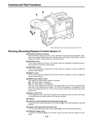 Page 14–14–
Controls and Their Functions
Shooting (Recording)/Playback Function Section (1)
¢Viewfinder (optional accessory)
Black-and-white images can be seen in the viewfinder during recording and playback. Warn-
ings and messages relating to the unit’s operating status and settings, zebra pattern, markers
(safety zone marker, center marker), etc. can also be seen.
£PEAKING control
This is used to adjust the contours of the images inside the viewfinder to facilitate focusing. It
does not affect the camera’s...