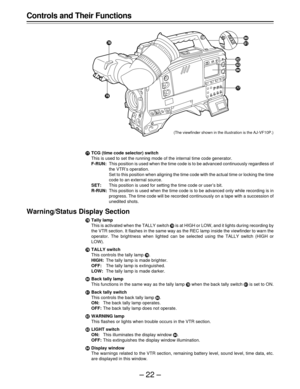 Page 22–22– Controls and Their Functions
ÑTCG (time code selector) switch
This is used to set the running mode of the internal time code generator.
F-RUN:This position is used when the time code is to be advanced continuously regardless of
the VTR’s operation.
Set to this position when aligning the time code with the actual time or locking the time
code to an external source.
SET:This position is used for setting the time code or user’s bit.
R-RUN:This position is used when the time code is to be advanced only...