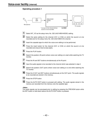 Page 43Ð 43 Ð
MIC
AMPANALOGUE
AUDIO
IN*
* Connect to the channel whose 
sound is to be recorded.VIDEO
OUT
AJ-D850TV monitor Microphone
1Select INT_VO as the setup menu No. 322 (AUD MEM MODE) setting.
2Select the same setting for the channel (CH1 or CH2) on which the sound is to be
recorded and for the setup menu No. 323 (AUD MEM CH) channel.
3Insert the cassette tape for which the voice-over editing is to be performed.
4Press the insert button for the channel (CH1 or CH2) on which the sound is to be
recorded...