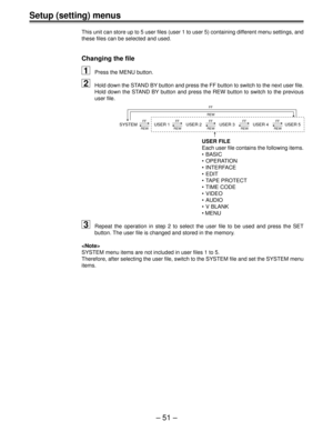 Page 51Ð 51 Ð
Setup (setting) menus
This unit can store up to 5 user files (user 1 to user 5) containing different menu settings, and
these files can be selected and used.
Changing the file
1Press the MENU button.
2Hold down the STAND BY button and press the FF button to switch to the next user file.
Hold down the STAND BY button and press the REW button to switch to the previous
user file.
SYSTEM USER 1 USER 2 USER 3 USER 4 USER 5FF
REWFF
REWFF
REWFF
REWFF
REW
FF
REW
USER FILE
Each user file contains the...