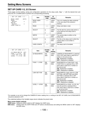 Page 106– 106 –
Setting Menu Screens
SET UP CARD 1/2, 2/2 Screen
These pages set the loading, saving and configuration operations for the setup cards. Align “¢” with the desired item and
press the UP or DOWN button to perform the corresponding processing.
FFor example, so as not to change the CAMERA ID when reading from, or writing to the SET UP CARD, the ID READ/WRITE
should be selected to OFF.
The underlined setting in the Variable range column indicates the preset mode.
Menu screen display methods
USER...