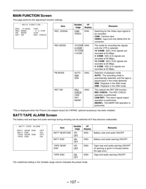 Page 107– 107 –
MAIN FUNCTION Screen
This page performs the adjustment function settings.
FThis is displayed when the Picture Link adaptor board (AJ-YAP900, optional accessory) has been installed.
BAT T/ TAPE ALARM Screen
The battery end and tape end audio warnings during shooting can be switched off if they become undesirable.
The underlined setting in the Variable range column indicates the preset mode.
Item
REC. SIGNAL
REC.MODE
PB MODE
RET SW
Variable
range
CAM
VIDEO
16E9/50M
4E3/50M
16E3/25M
4E3/25M
AUTO...