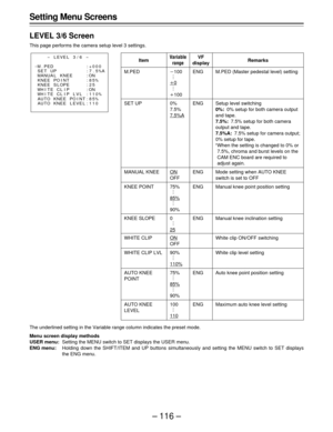 Page 116– 116 –
Setting Menu Screens
LEVEL 3/6 Screen
This page performs the camera setup level 3 settings.
Item
M.PED
SET UP
MANUAL KNEE
KNEE POINT
KNEE SLOPE
WHITE CLIP
WHITE CLIP LVL
AUTO KNEE
POINT
AUTO KNEE
LEVEL
Variable
range
p100
  .
  .
  .
o0
  .
  .
  .
o100
0%
7.5%
7.5%A
ON
OFF
75%
  .
  .
  .
85%
  .
  .
  .
90%
0
  .
  .
  .
25
ON
OFF
90%
  .
  .
  .
110%
75%
  .
  .
  .
85%
  .
  .
  .
90%
100
  .
  .
  .
110
VF
display
ENG
ENG
ENG
ENG
ENG
ENG
ENG
Remarks
M.PED (Master pedestal level) setting...