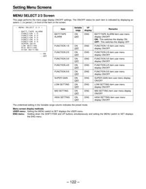 Page 122– 122 –
Item
BATT/TAPE
ALARM
FUNCTION 1/5
FUNCTION 2/5
FUNCTION 3/5
FUNCTION 4/5
FUNCTION 5/5
SUPER GAIN
LOW SETTING
MID SETTING
HIGH SETTING
Variable
rangeRemarksVF
display
ON
OFF
ON
OFF
ON
OFF
ON
OFF
ON
OFF
ON
OFF
ON
OFF
ON
OFF
ON
OFF
ON
OFFBATT/TAPE ALARM item user menu
display ON/OFF
ON:This switches the display ON.
OFF:This switches the display OFF.
FUNCTION 1/5 item user menu
display ON/OFF
FUNCTION 2/5 item user menu
display ON/OFF
FUNCTION 3/5 item user menu
display ON/OFF
FUNCTION 4/5 item user...