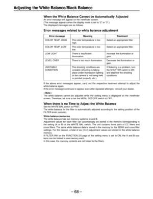 Page 68–68–
Adjusting the White Balance/Black Balance
When the White Balance Cannot be Automatically Adjusted
An error message will appear on the viewfinder screen.
(The message appears when the display mode is set to “2” or “3”.)
The displayed messages are as follows.
Error messages related to white balance adjustment
If the above error messages appear, carry out the respective treatment attempt to adjust the
white balance again.
If the error message continues to appear even after repeated attempts, consult...