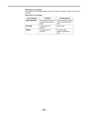 Page 83–83–
When data is not formatted
If the following error messages appear when the UP button is pressed in step 5, the data is not
formatted.
Data format error messages
Set the write protect switch
on the side of the card to
OFF.
Insert a card.
The card may be
defective. Replace the
card.
Error message
WRITE PROTECT
NO CARD
ERROR
Condition
The write protect switch on
the side of the card is set
to ON.
A setup card is not
inserted.
The disk cannot be
formatted.
Countermeasure 