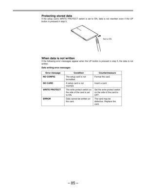 Page 85–85–
Protecting stored data
If the setup card’s WRITE PROTECT switch is set to ON, data is not rewritten even if the UP
button is pressed in step 5.
When data is not written
If the following error messages appear when the UP button is pressed in step 5, the data is not
written.
Data writing error messages
Set to ON.
Format the card.
Insert a card.
Set the write protect switch
on the side of the card to
OFF.
The card may be
defective. Replace the
card.
Error message
NO CONFIG
NO CARD
WRITE PROTECT
ERROR...