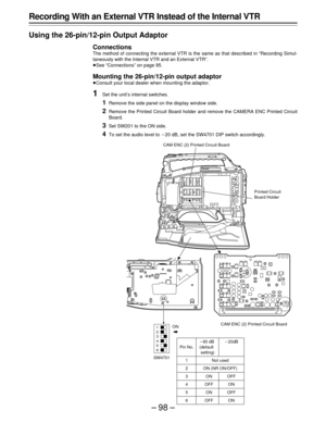 Page 98–98–
1
2
3
4
5
6
SONYSW1N
SW201
ON OFF
MII
Recording With an External VTR Instead of the Internal VTR
Using the 26-pin/12-pin Output Adaptor
Connections
The method of connecting the external VTR is the same as that described in “Recording Simul-
taneously with the Internal VTR and an External VTR”.
ÁSee “Connections” on page 95.
Mounting the 26-pin/12-pin output adaptor
ÁConsult your local dealer when mounting the adaptor.
1Set the unit’s internal switches.
1Remove the side panel on the display window...