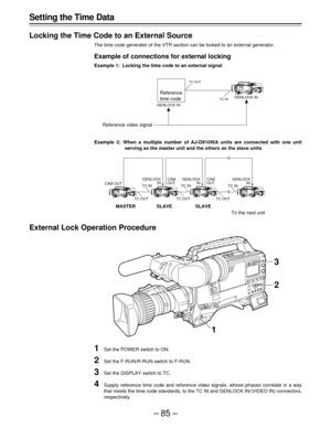 Page 85–85–
Setting the Time Data
Locking the Time Code to an External Source
The time code generator of the VTR section can be locked to an external generator.
Example of connections for external locking
Example 1: Locking the time code to an external signal
Example 2: When a multiple number of AJ-D910WA units are connected with one unit
serving as the master unit and the others as the slave units Reference video signal
To the next unit
External Lock Operation Procedure
1Set the POWER switch to ON.
2Set the...