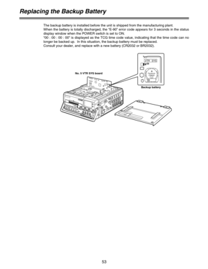 Page 5353
Replacing the Backup Battery
The backup battery is installed before the unit is shipped from the manufacturing plant.
When the battery is totally discharged, the “E-90” error code appears for 3 seconds in the status
display window when the POWER switch is set to ON.
“00 : 00 : 00 : 00” is displayed as the TCG time code value, indicating that the time code can no
longer be backed up.  In this situation, the backup battery must be replaced.
Consult your dealer, and replace with a new battery (CR2032 or...