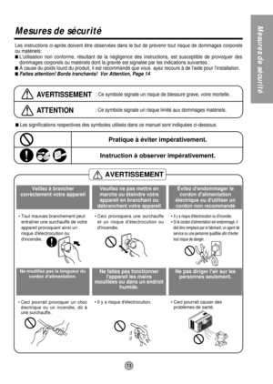 Page 13AVERTISSEMENT
13
Mesures de sécurité
Mesures de sécurité
Les instructions ci-après doivent être observées dans le but de prévenir tout risque de dommages corporels
ou matériels:
Lutilisation non conforme, résultant de la négligence des instructions, est susceptible de provoquer des
dommages corporels ou matériels dont la gravité est signalée par les indications suivantes :
À cause du poids lourd du produit, il est recommandé que vous  ayez recours à de laide pour linstallation.
Faites attention! Bords...