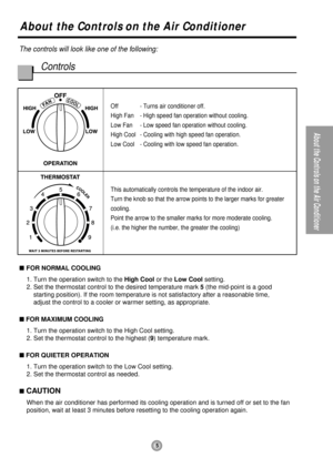 Page 5About the Controls on the Air Conditioner
5
About the Controls on the Air Conditioner
The controls will look like one of the following:
Controls
Off  - Turns air conditioner off.
High Fan  - High speed fan operation without cooling.
Low Fan - Low speed fan operation without cooling.
High Cool - Cooling with high speed fan operation.
Low Cool - Cooling with low speed fan operation.
This automatically controls the temperature of the indoor air.
Turn the knob so that the arrow points to the larger marks for...