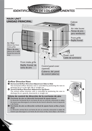 Page 1312
Front intake grille
Rejilla frontal de
toma de aire
Air filter
(Behind the front
intake grille)
Filtro de aire
(detras de la rejilla
frontal de toma de
aire)
Power cord
Cable de suministro
Air inlet louver
Tomas de aire
para ventilación
MAIN UNIT
UNIDAD PRINCIPAL
PART IDENTIFICATION
IDENTIFICACIÓN DE LOS COMPONENTESPART IDENTIFICATION
IDENTIFICACIÓN DE LOS COMPONENTES
a
b
Cabinet
Caja
Airflow Direction Vane
aHorizontal Airflow Direction Adjustment Side-to-Side
The horizontal airflow direction vane is...