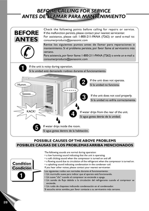 Page 3028
OFF/ONOPERATIONT
E
M
P
/T
IM
E
RCOOL
FAN
HIGH
MED
LOWMODE
FAN SPEEDS
E
TT
I
M
E
RSET/
CANCELh
r °
FAIR SWINGECONOMYW
i
r
e
l
e
s
sR
e
m
o
t
e
 
C
o
n
t
r
o
l
CLOSE     VENT     OPEN
Check the following points before calling for repairs or service.
If the malfunction persists, please contact your nearest servicenter.
For assistance, please call: 1-800-211-PANA (7262) or send e-mail to:
consumerproducts@panasonic.com
Revise los siguientes puntos antes de llamar para reparaciones o
mantenimiento. Si el...