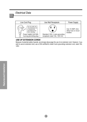 Page 1414
Features and Installation
Do not under any 
circumstances cut 
or remove the 
grounding prong 
from the plug.
Line Cord Plug Use Wall Receptacle Power Supply
Power supply cord with
3-prong grounding plugStandard 125V, 3-wire grounding
receptacle rated 15A, 125V ACUse 15 AMP, time
delay fuse or circuit 
breaker.
Electrical Data
USE OF EXTENSION CORDS
Because of potential safety hazards, we strongly discourage the use of an extension cord. However, if you
wish to use an extension cord, use a CSA...