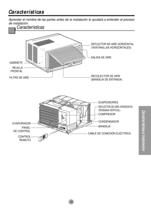 Page 2525
Características e Instalacion
Aprender el nombre de las partes antes de la instalación le ayudará a entender el proceso
de instalación.
Características
Características
GABINETE
REJILLA
FRONTAL
FILTRO DE AIRERECOLECTOR DE AIRE
(BANDEJA DE ENTRADA) SALIDA DE AIRE
DEFLECTOR DE AIRE HORIZONTAL
(VENTANILLAS HORIZONTALES)
CONTROL
REMOTO
EVAPORADOR
PANEL
DE CONTROL
CABLE DE CONEXIÓN ELÉCTRICA BANDEJA CONDENSADOR COMPRESOR SUSPENSORES
DEFLECTOR DE AIRE HORIZONTAL
(PERSIANA VERTICAL) 