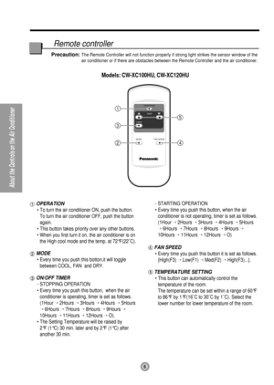 Page 66
About the Controls on the Air Conditioner
OPERATION
TEMP
TIMER
MODE FAN SPEED1
3
24
5
Models: CW-XC100HU, CW-XC120HU
Remote controller
OPERATION
• To turn the air conditioner ON, push the button. 
To turn the air conditioner OFF, push the button
again.
• This button takes priority over any other buttons.
• When you first turn it on, the air conditioner is on
the High cool mode and the temp. at 72°F(22˚C).
MODE
• Every time you push this botton,it will toggle
between COOL, FAN  and DRY.
ON/OFF TIMER
-...