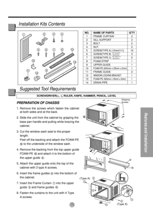 Page 1111
Features and Installation
9
10
9
5
5
5
11
11
(Type A)
(Type A)
13
Shipping 
Screws
1234
813
14
10
765
9
12
11
PREPARATION OF CHASSIS
1. Remove the screws which fasten the cabinet
at both sides and at the back.
2. Slide the unit from the cabinet by gripping the
base pan handle and pulling while bracing the
cabinet.
3. Cut the window sash seal to the proper
length. 
Peel off the backing and attach the FOAM-PE
to the underside of the window sash.
4. Remove the backing from the top upper guide
FOAM-PE...