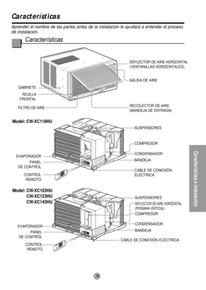 Page 2525
Características e Instalacion
Aprender el nombre de las partes antes de la instalación le ayudará a entender el proceso
de instalación.
Características
Características
GABINETE
REJILLA
FRONTAL
FILTRO DE AIRERECOLECTOR DE AIRE
(BANDEJA DE ENTRADA) SALIDA DE AIRE
DEFLECTOR DE AIRE HORIZONTAL
(VENTANILLAS HORIZONTALES)
EVAPORADOR
PANEL
DE CONTROL
CONTROL
REMOTO
CABLE DE CONEXIÓN 
ELÉCTRICA BANDEJA CONDENSADOR COMPRESOR SUSPENSORES
CONTROL
REMOTO
EVAPORADOR
PANEL
DE CONTROL
CABLE DE CONEXIÓN ELÉCTRICA...