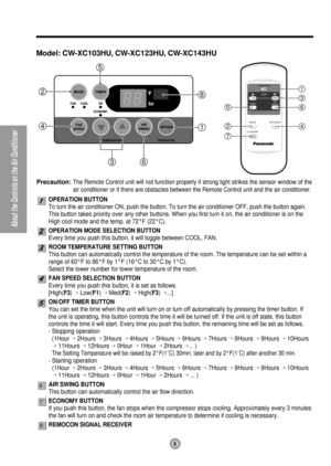 Page 66
About the Controls on the Air Conditioner
OPERATION
TEMP
TIMERAIR
SWING
MODE
ECONOMYFAN SPEED1
4
65
2
7
3
4
2
1
8
6
5
3
Model: CW-XC103HU, CW-XC123HU, CW-XC143HU
OPERATION BUTTON
To turn the air conditioner ON, push the button. To turn the air conditioner OFF, push the button again.
This button takes priority over any other buttons. When you first turn it on, the air conditioner is on the
High cool mode and the temp. at 72°F (22°C).
OPERATION MODE SELECTION BUTTON
Every time you push this button, it...