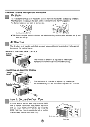 Page 77
About the Controls on the Air Conditioner
VENT CLOSE
OPEN
Par tA
Par tB
Drain pipe
Drain cap
Controlled
manually
Controlled
manually
Controlled by Remote
Controller
Additional controls and important information.
Ventilation
The ventilation lever must be in the CLOSE position in order to maintain the best cooling conditions.
When fresh air is necessary in the room, set the ventilation lever to the OPEN position. 
The damper is opened and room air is drawn out.
NOTE:Before using the ventilation feature,...