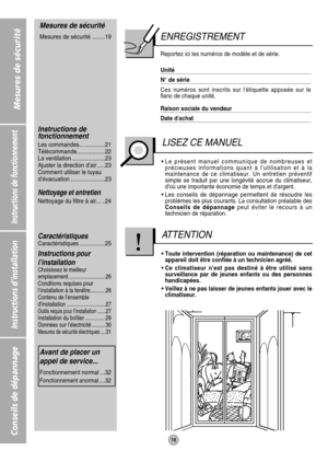 Page 1818
Instructions de fonctionnement
Instructions dinstallation
Conseils de dépannage
Mesures de sécurité
Mesures de sécurité
Mesures de sécurité  ........19
Instructions de
fonctionnement
Les commandes... .............21
Télécommande..................22
La ventilation .....................23
Ajuster la direction d’air .....23
Comment utiliser le tuyau
d’évacuation ......................23
Nettoyage et entretien
Nettoyage du filtre à air... ..24
Caractéristiques
Caractéristiques ................25...