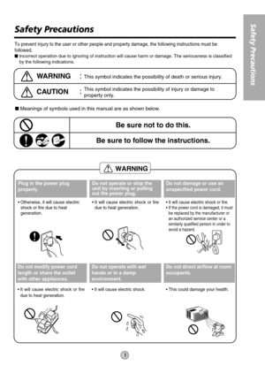 Page 33
Safety Precautions
WARNING
Safety Precautions 
To prevent injury to the user or other people and property damage, the following instructions must be
followed.
Incorrect operation due to ignoring of instruction will cause harm or damage. The seriousness is classified
by the following indications.
WARNING: This symbol indicates the possibility of death or serious injury.
CAUTION:This symbol indicates the possibility of injury or damage to
property only.
Meanings of symbols used in this manual are as...