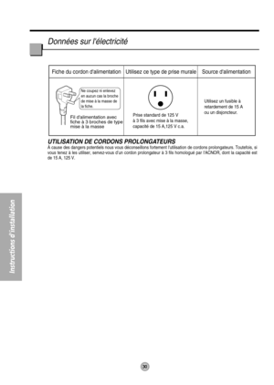 Page 30Ne coupez ni enlevez 
en aucun cas la broche
de mise à la masse de 
la fiche.
Fiche du cordon dalimentation Utilisez ce type de prise murale Source dalimentation
Fil dalimentation avec
fiche à 3 broches de type
mise à la massePrise standard de 125 V
à 3 fils avec mise à la masse,
capacité de 15 A,125 V c.a.Utilisez un fusible à
retardement de 15 A
ou un disjoncteur.
30
Instructions dinstallation
Données sur lélectricité
UTILISATION DE CORDONS PROLONGATEURSÀ cause des dangers potentiels nous vous...