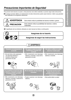 Page 35Precauciones Importantes de seguridad
ADVERTENCIA
35
Precauciones Importantes de Seguridad
Para prevenir tanto lesiones al usuario u otras personas como daños materiales, es preciso seguir estas instrucciones.
El manejo incorrecto debido a la inobservancia de estas instrucciones puede causar lesiones o daños cuya gravedad
está clasificada en las siguientes indicaciones.
ADVERTENCIAEste símbolo indica la posibilidad de lesiones mortales o graves.
PRECAUCIONEste símbolo indica la posibilidad de lesiones o...