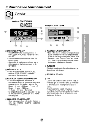 Page 3737
Instrucciones de Funcionamiento
Modelos: CW-XC104HU
CW-XC124HU
CW-XC144HUModelo: CW-XC104HK
2
1
7
456
3
1
72
465
3
Instructions de Fonctionnement
Controles
ENECNDIDO/APAGADO
• Para ENCENDER el sistema presione el
botón, y para APAGARLO presione el botón
otra vez.
• Este botón tiene prioridad sobre todos los
otros botones.
• Cuando Ud. Io enciende por primera vez, el
sistema está en el y la temperatura es de
72˚F(22˚C).
FRÍO/VENTILADOR
• Cada vez que presione este botón, las
palabras COOL, ECNOMY, FAN...