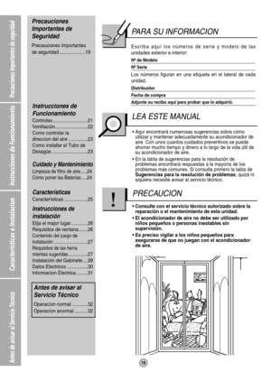 Page 1818
Precauciones Importantes de seguridad
Instrucciones de Funcionamiento
Características e Instalacion
Antes de avisar al Servicio Técnico
PARA SU INFORMACION
Precauciones
Importantes de
Seguridad
Precauciones Importantes 
de seguridad ....................19
Instrucciones de
Funcionamiento
Controles ...........................21
Ventilación .........................22
Como controlar la 
direccion del aire ...............23
Como installar el Tubo de
Desagüe ............................23
Cuidado y...