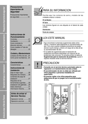 Page 1818
Precauciones Importantes de seguridad
Instrucciones de Funcionamiento
Características e Instalacion
Antes de avisar al Servicio Técnico
PARA SU INFORMACION
Precauciones
Importantes de
Seguridad
Precauciones Importantes 
de seguridad ....................19
Instrucciones de
Funcionamiento
Controles ...........................21
Ventilación .........................23
Como controlar la 
direccion del aire ...............23
Como installar el Tubo de
desagüe.............................23
Cuidado y...